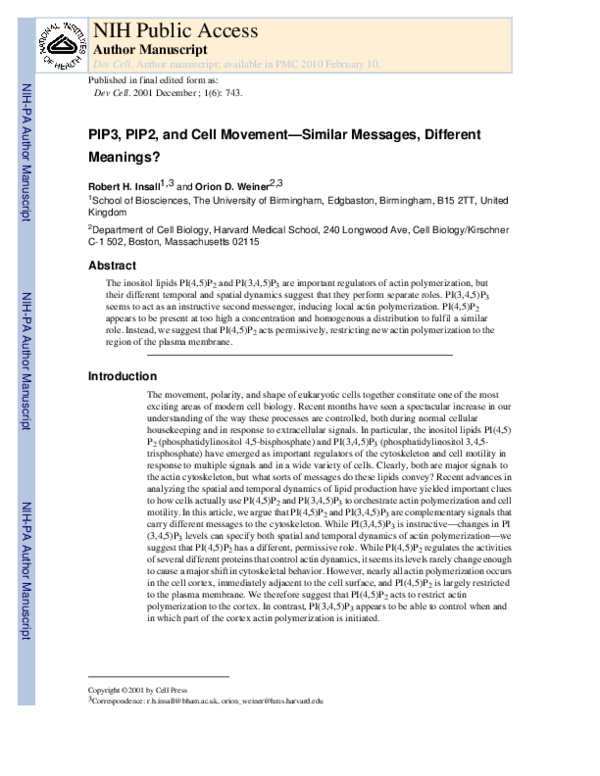 (PDF) PIP3, PIP2, and Cell Movement—Similar Messages, Different Meanings?