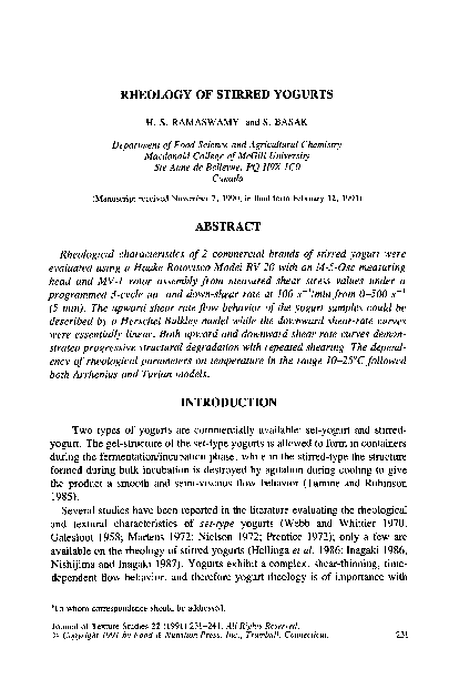 (PDF) Rheology of Stirred Yogurts