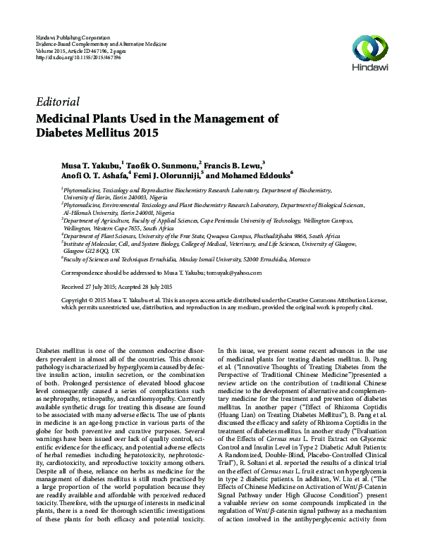 (PDF) Medicinal Plants Used in the Management of Diabetes Mellitus 2015