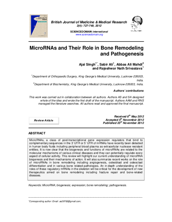 (PDF) MicroRNAs and their Role in Bone Remodeling and Pathogenesis