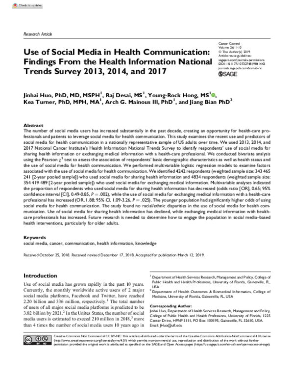 (PDF) Use of Social Media in Health Communication: Findings From the ...