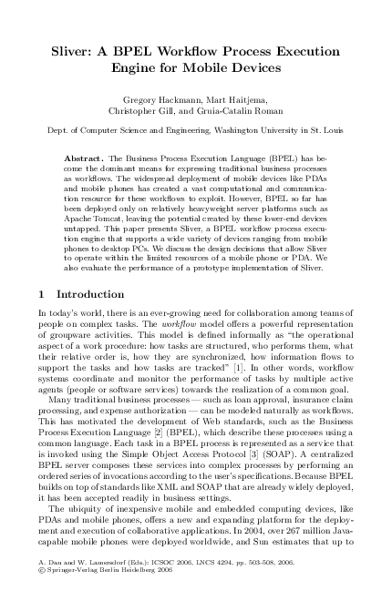 (PDF) Sliver: A bpel workflow process execution engine for mobile devices