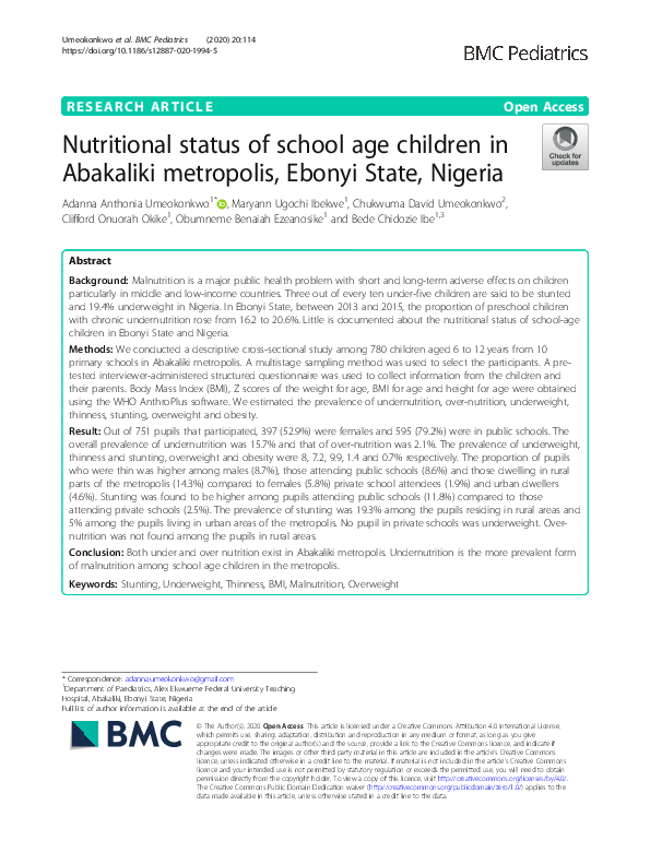 (PDF) Nutritional status of school age children in Abakaliki metropolis ...