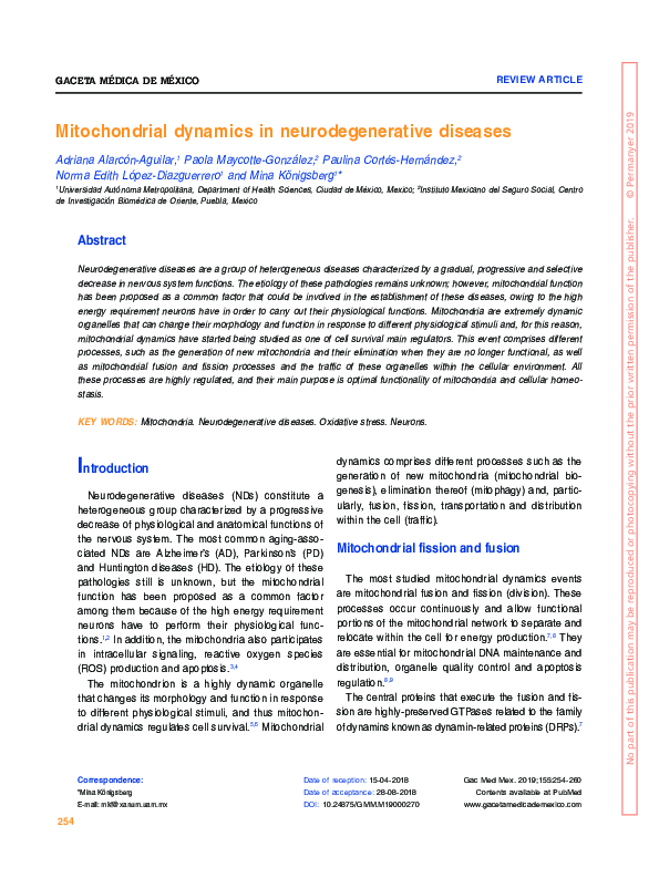 (PDF) Mitochondrial dynamics in neurodegenerative diseases