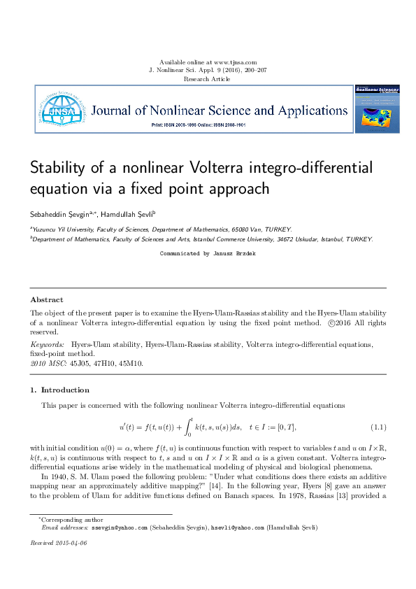 (PDF) Stability of a nonlinear Volterra integro-differential equation ...