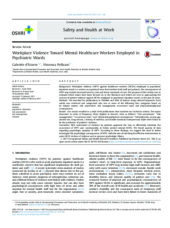 (PDF) Workplace Violence Toward Mental Healthcare Workers Employed in ...