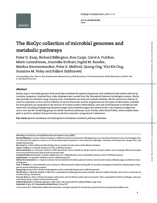 (PDF) The BioCyc collection of microbial genomes and metabolic pathways
