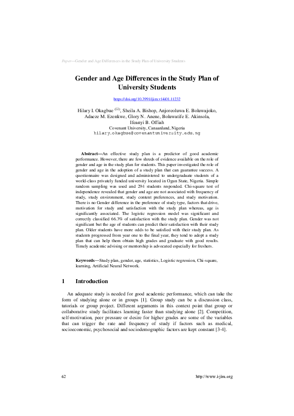 (PDF) Gender and Age Differences in the Study Plan of University Students