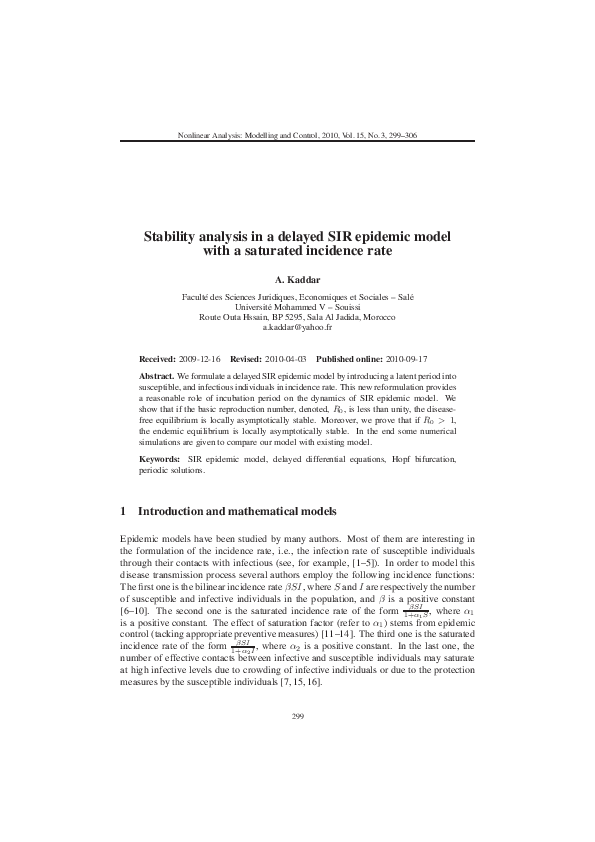 (PDF) Stability analysis in a delayed SIR epidemic model with a ...