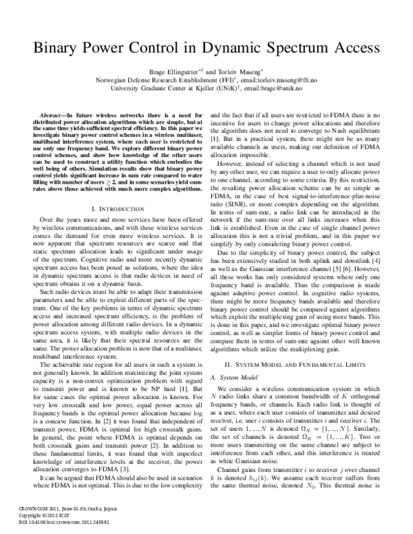 (PDF) Binary Power Control in Dynamic Spectrum Access