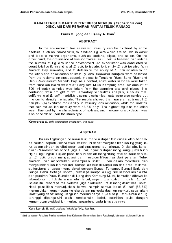 (PDF) KARAKTERISTIK BAKTERI PEREDUKSI MERKURI (Escherichia coli ...