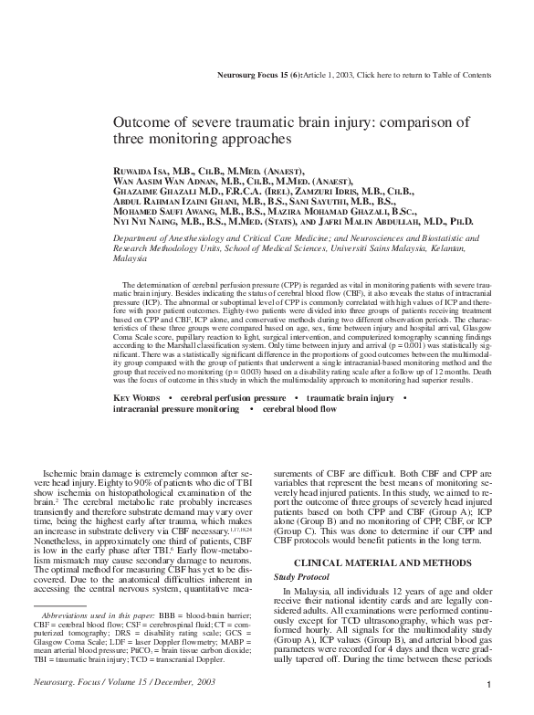 (PDF) Outcome of severe traumatic brain injury: comparison of three ...