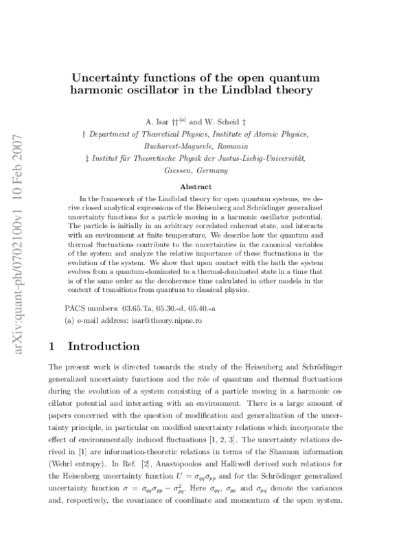 (PDF) Uncertainty functions of the open quantum harmonic oscillator in ...