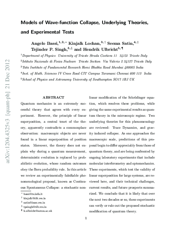 (PDF) Models of Wave-function Collapse, Underlying Theories, and ...