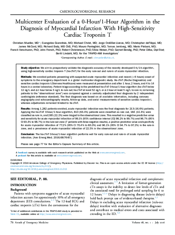 (PDF) Evaluating a 0/1-Hour Troponin Algorithm for MI