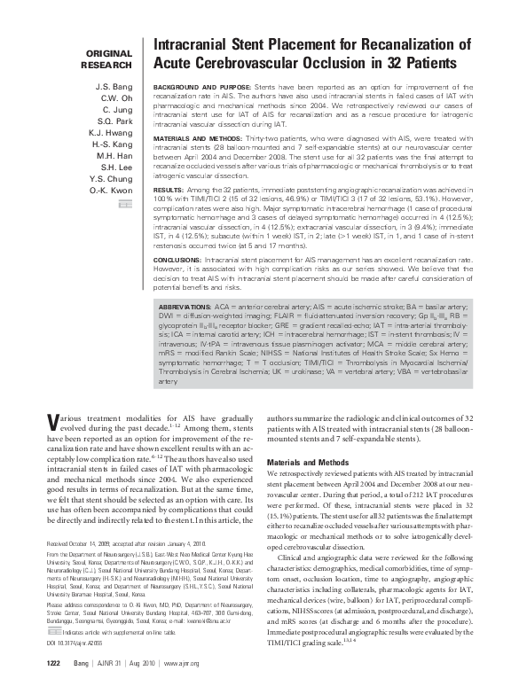 (PDF) Intracranial Stent Placement for Recanalization of Acute ...