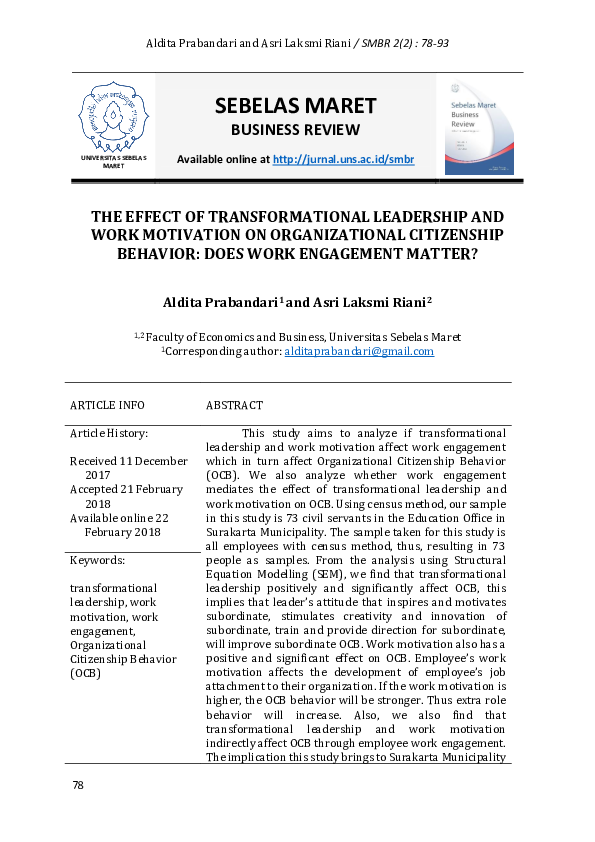 (PDF) The Effect of Transformational Leadership and Work Motivation on ...