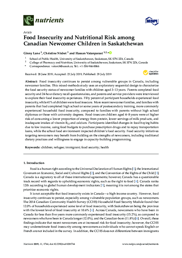 (PDF) Food Insecurity and Nutritional Risk among Canadian Newcomer ...