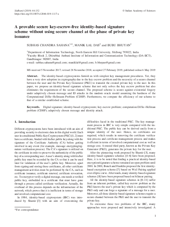 (PDF) A provable secure key-escrow-free identity-based signature scheme ...
