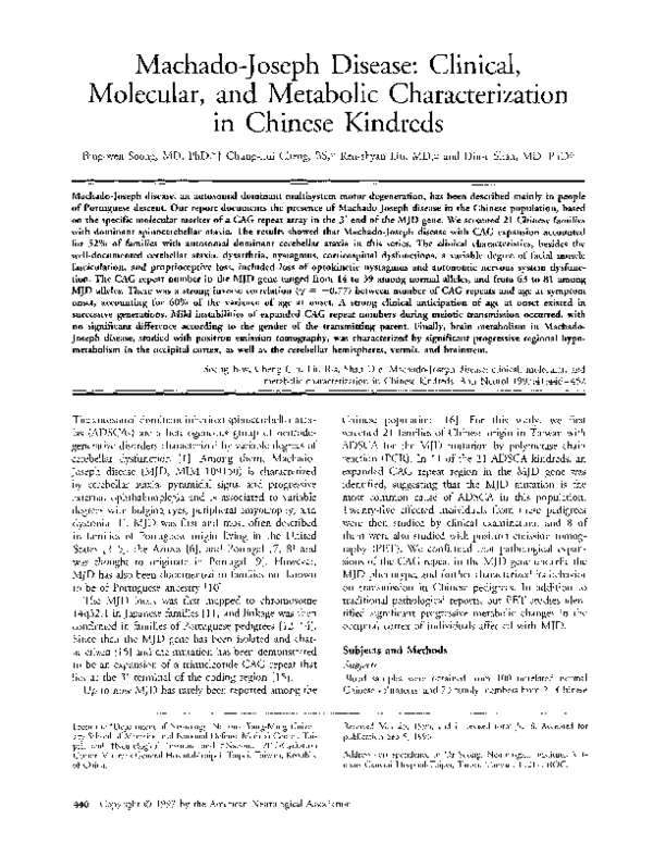 (PDF) Machado-joseph disease: Clinical, molecular, and metabolic ...