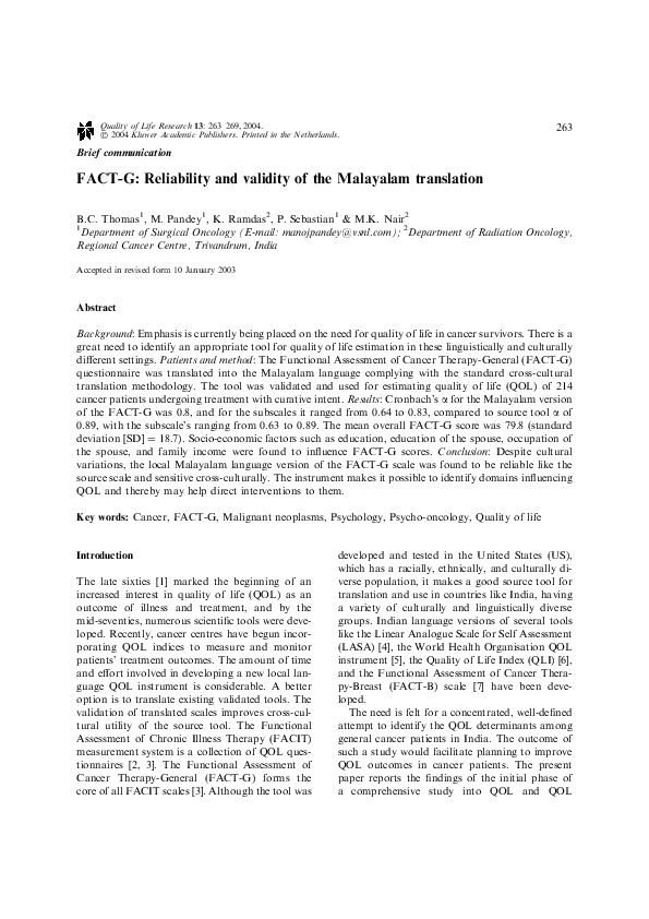 (PDF) FACT-G: Reliability and validity of the Malayalam translation