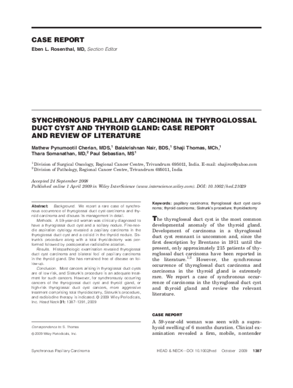 (PDF) Synchronous papillary carcinoma in thyroglossal duct cyst and ...