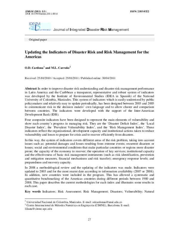 (PDF) Updating the Indicators of Disaster Risk and Risk Management for ...