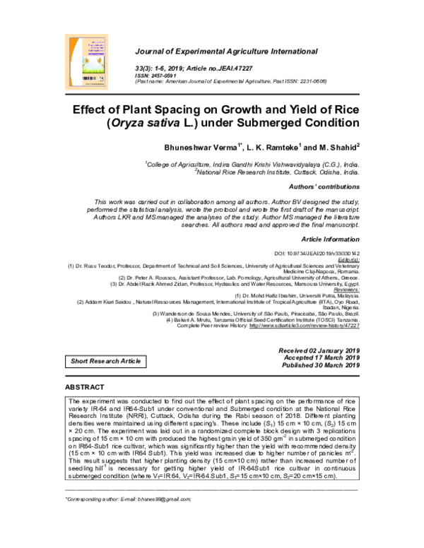 (PDF) Effect of Plant Spacing on Growth and Yield of Rice (Oryza sativa ...