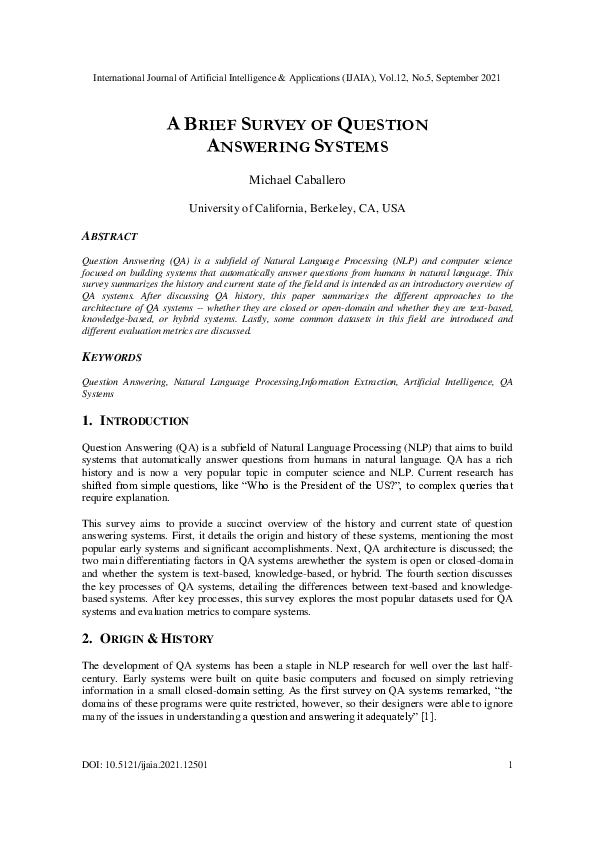 (PDF) A Brief Survey of Question Answering Systems