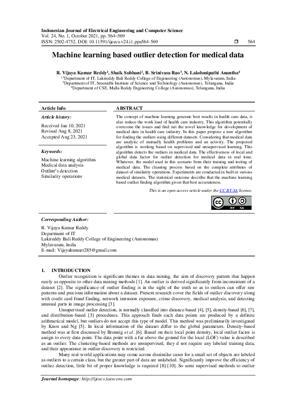 (PDF) Machine learning based outlier detection for medical data