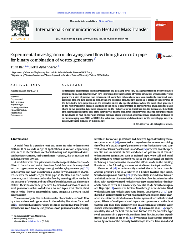 (PDF) Experimental investigation of decaying swirl flow through a ...