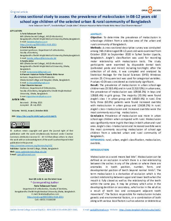 (PDF) A cross sectional study to assess the prevalence of malocclusion ...