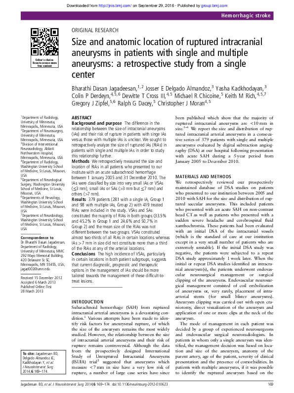 (PDF) Size and anatomic location of ruptured intracranial aneurysms in ...