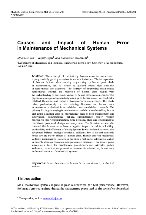 (PDF) Causes and Impact of Human Error in Maintenance of Mechanical Systems