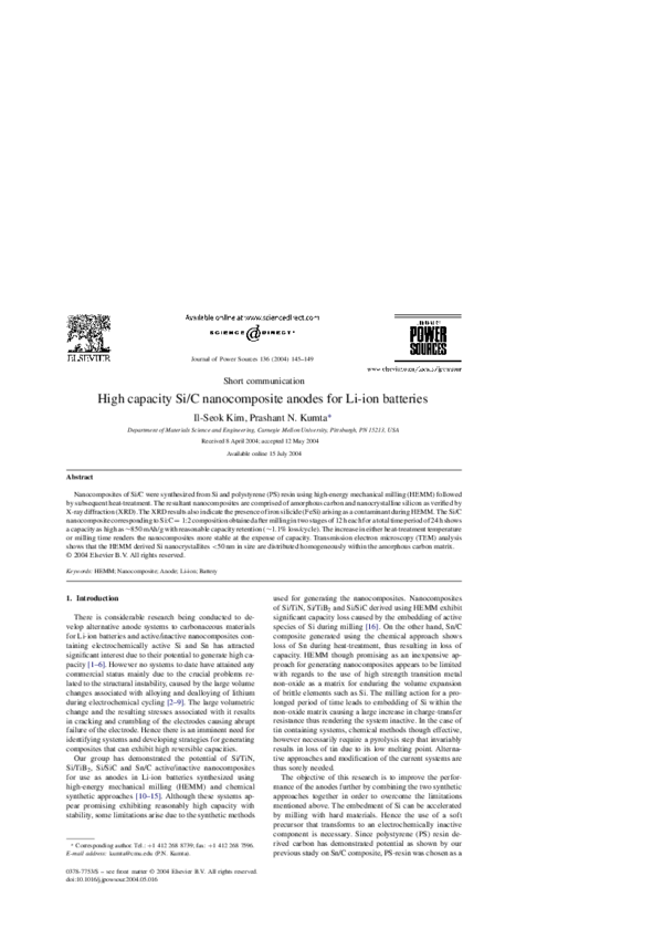(PDF) High capacity Si/C nanocomposite anodes for Li-ion batteries