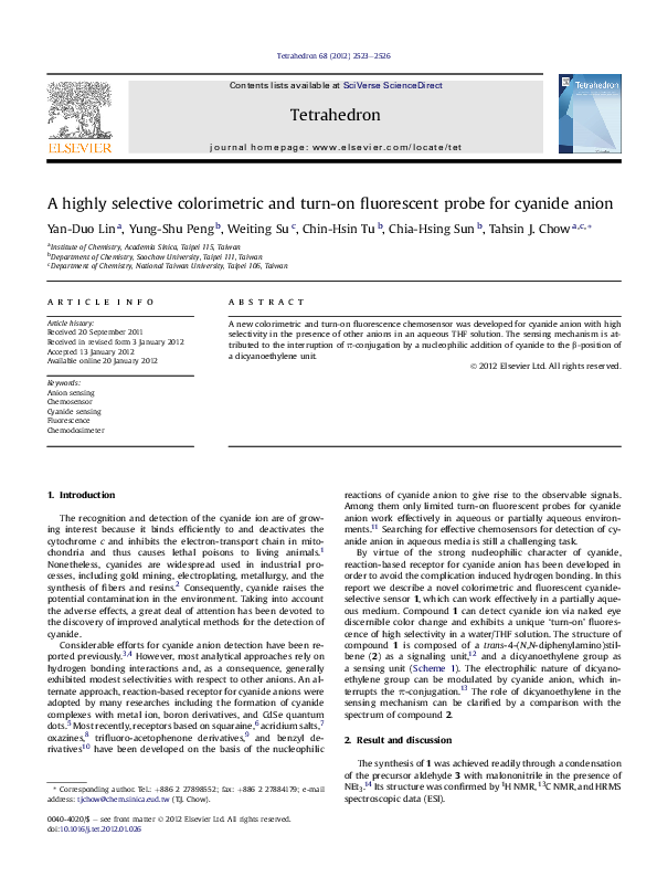 (PDF) A highly selective colorimetric and turn-on fluorescent probe for ...