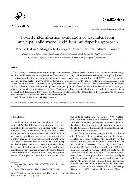 (PDF) Toxicity identification evaluation of leachates from municipal ...