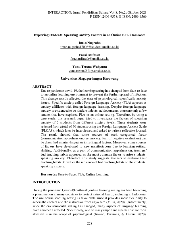 (PDF) Exploring Students' Speaking Anxiety Factors in an Online EFL ...