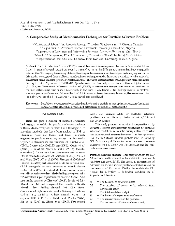 (PDF) A Comparative Study of Metaheuristics Techniques for Portfolio ...