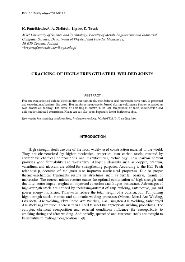 (PDF) Cracking of High-Strength Steel Welded Joints