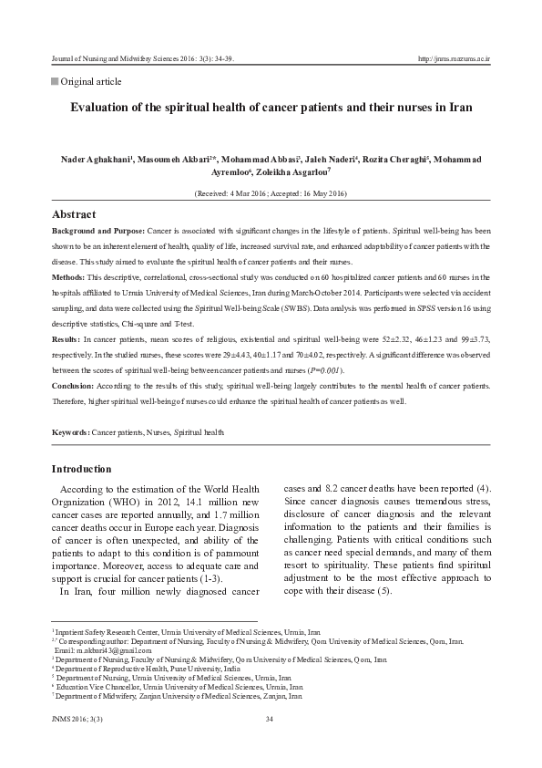 (PDF) Evaluation of the spiritual health of cancer patients and their ...