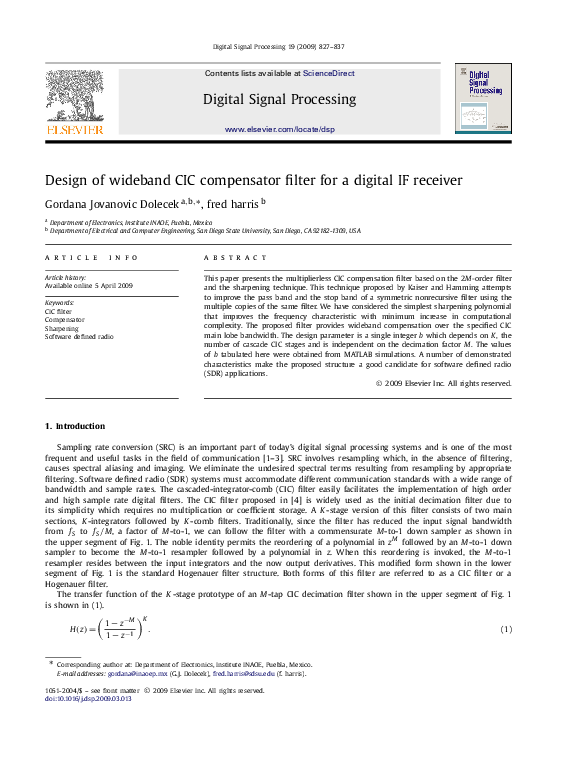 (PDF) Design of wideband CIC compensator filter for a digital IF receiver