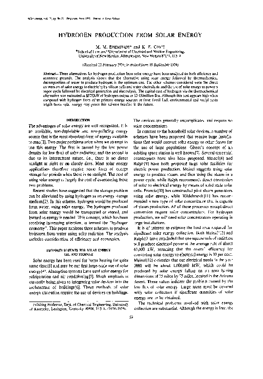 (PDF) Hydrogen production from solar energy