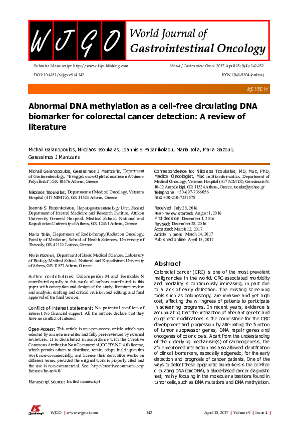 (PDF) Abnormal DNA methylation as a cell-free circulating DNA biomarker ...