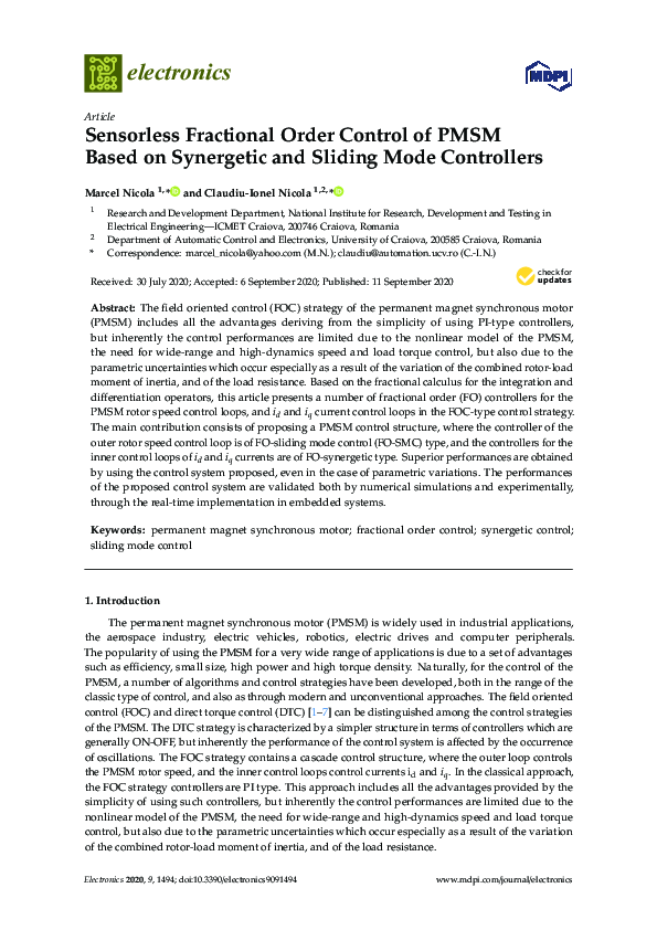 (PDF) Sensorless Fractional Order Control of PMSM Based on Synergetic ...