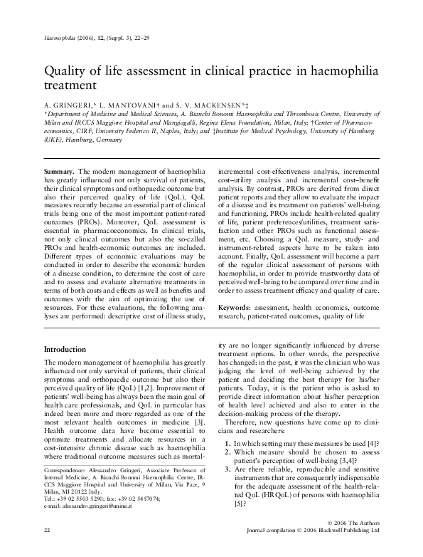 (PDF) Quality of life assessment in clinical practice in haemophilia ...
