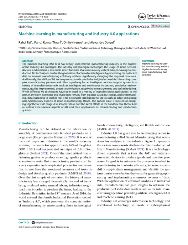 (PDF) Machine learning in manufacturing and industry 4.0 applications