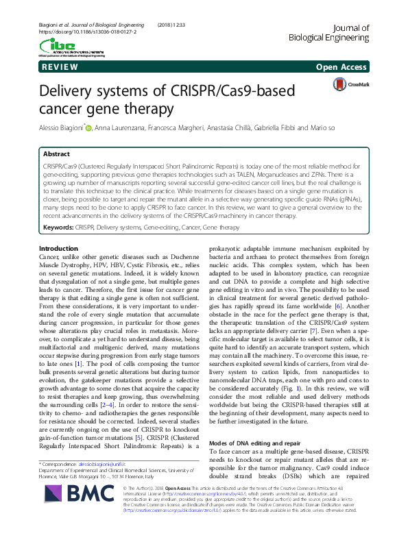 (PDF) Delivery systems of CRISPR/Cas9-based cancer gene therapy
