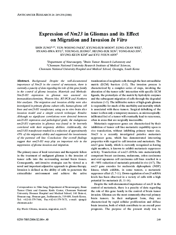 (PDF) Expression of Nm23 in gliomas and its effect on migration and ...