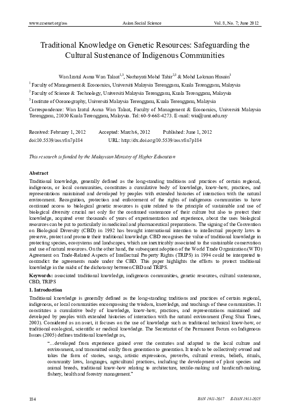 (PDF) Traditional Knowledge on Genetic Resources: Safeguarding the ...